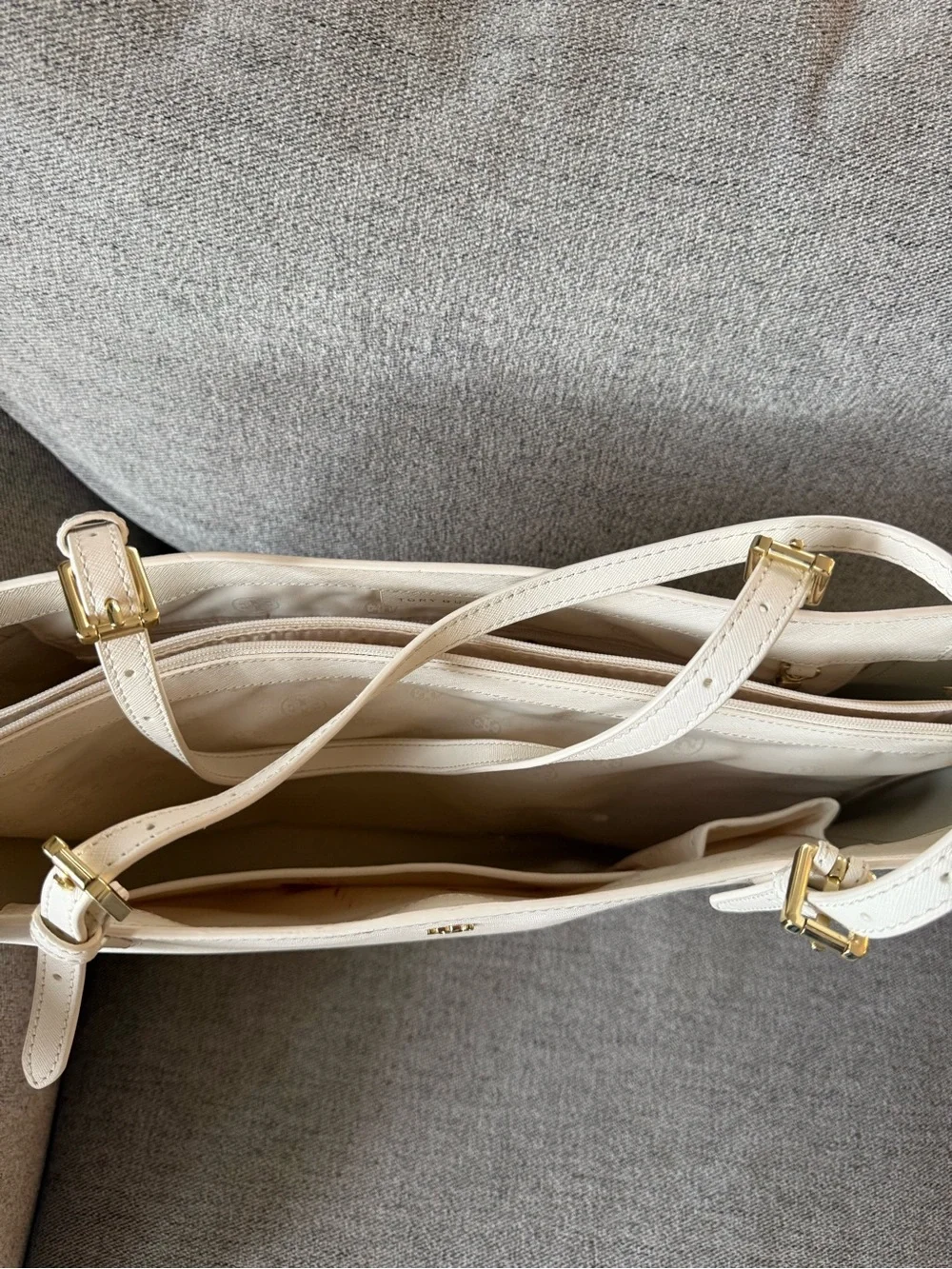 Tory Burch Off-White Leather Tote with Gold Logo